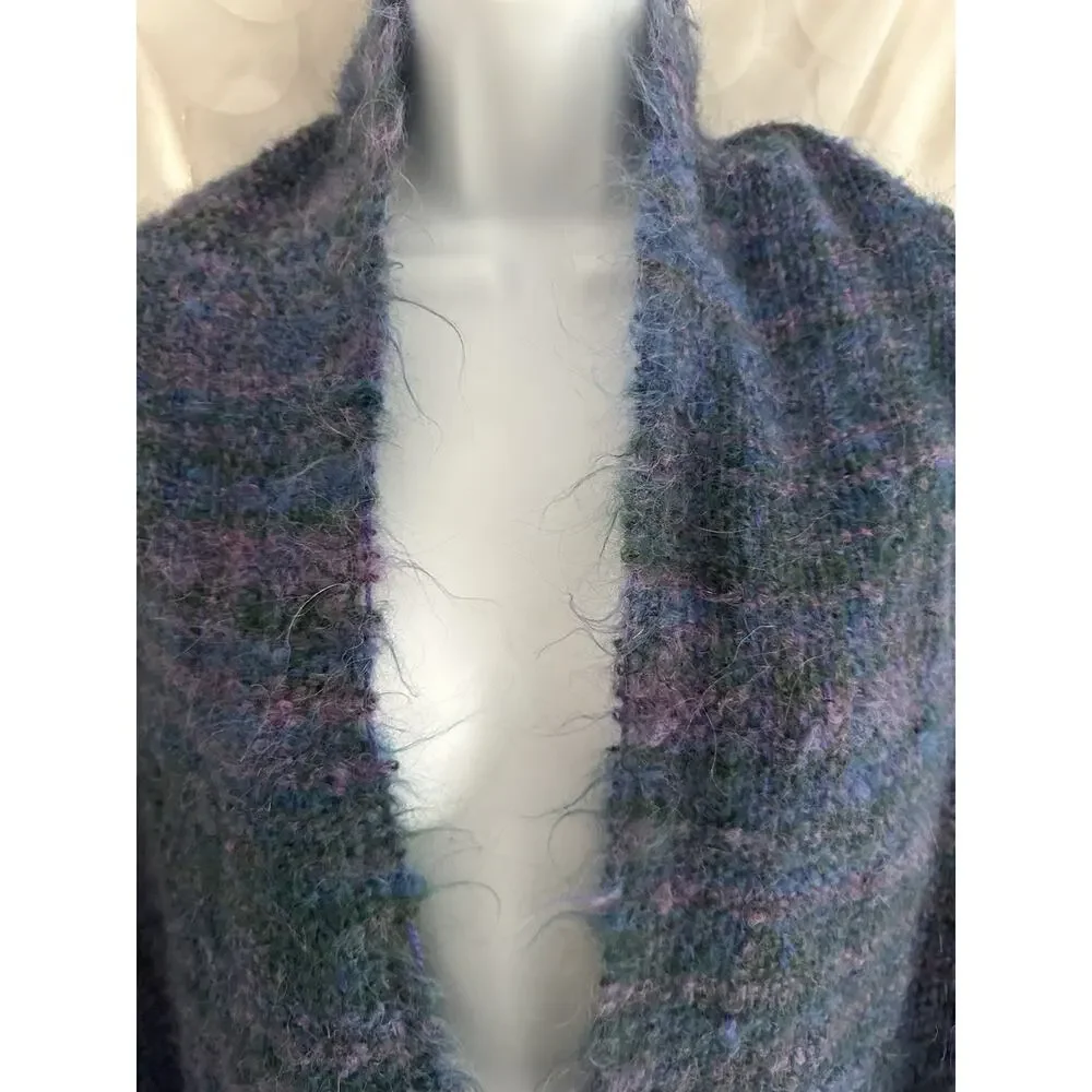 Vintage Wool & Mohair Pashmina Scarf Wrap Purple Blue Green Fringe Boho 25 X 68”